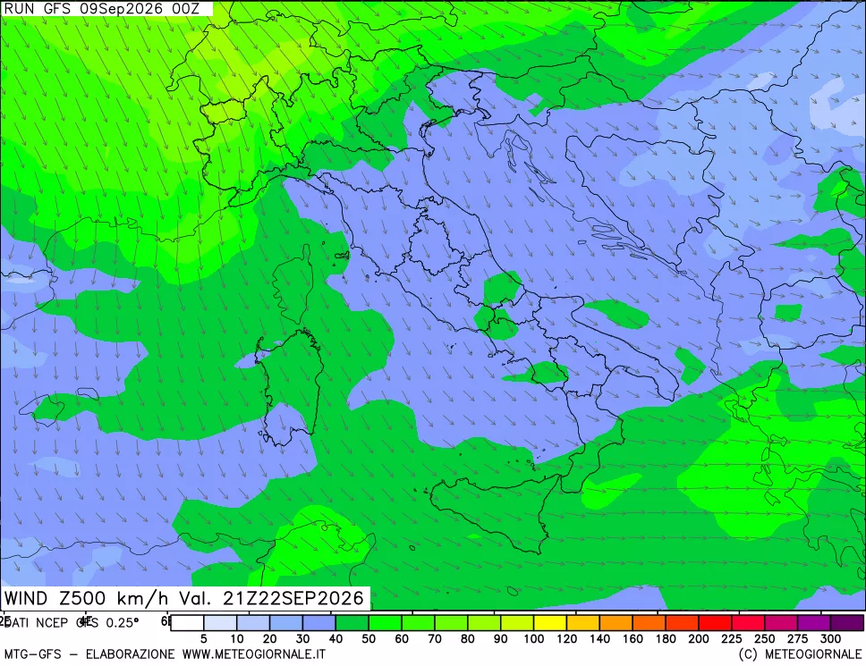 mappa 500 hPa Vento forza e direzione