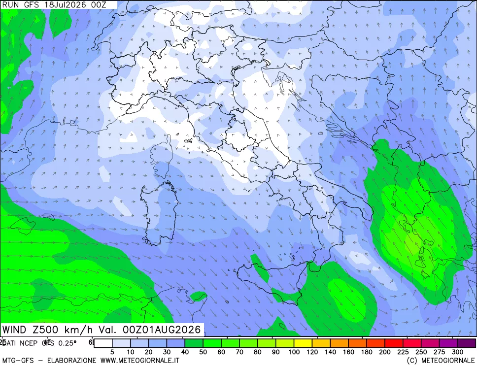mappa 500 hPa Vento forza e direzione
