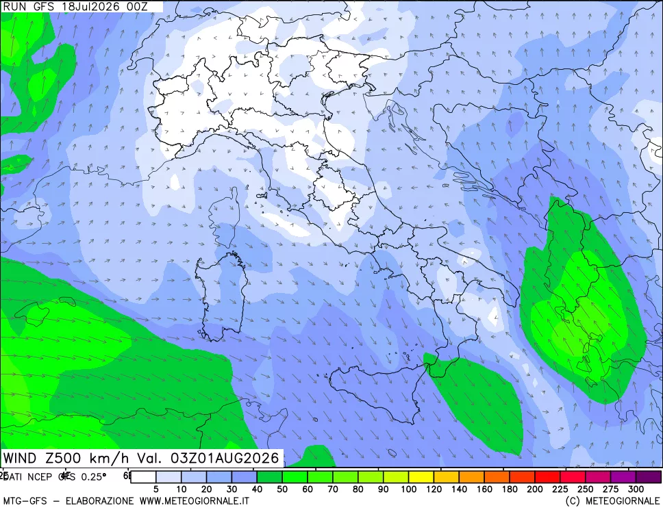 mappa 500 hPa Vento forza e direzione