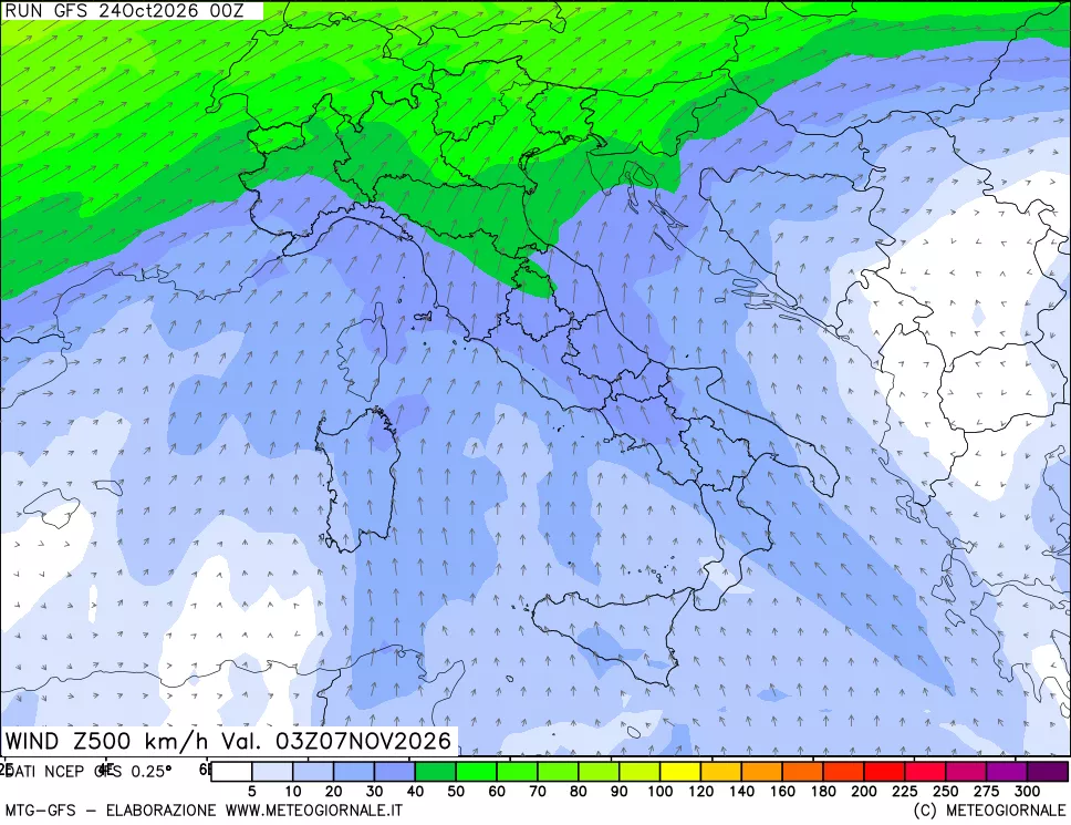 mappa 500 hPa Vento forza e direzione
