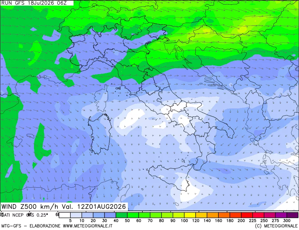 mappa 500 hPa Vento forza e direzione