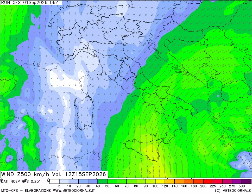 mappa 500 hPa Vento forza e direzione