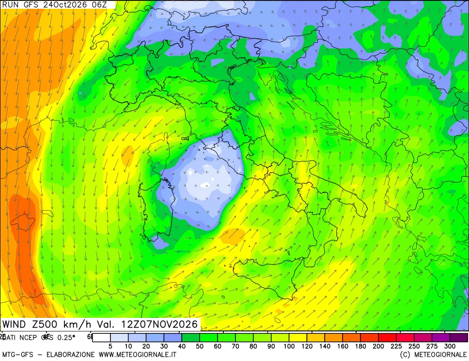mappa 500 hPa Vento forza e direzione