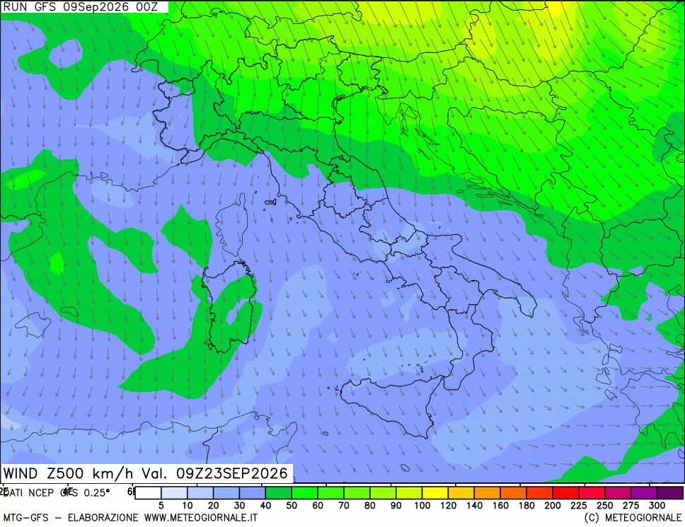 mappa 500 hPa Vento forza e direzione