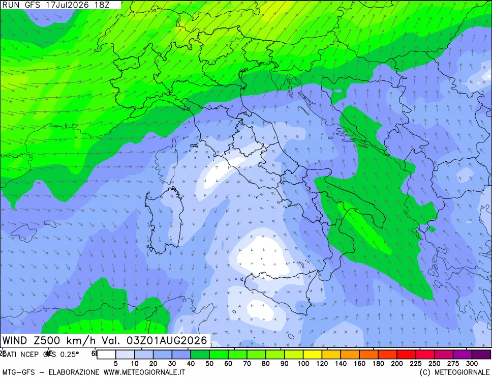 mappa 500 hPa Vento forza e direzione