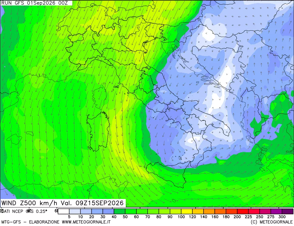mappa 500 hPa Vento forza e direzione
