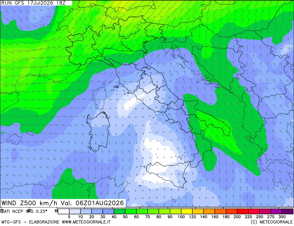 mappa 500 hPa Vento forza e direzione