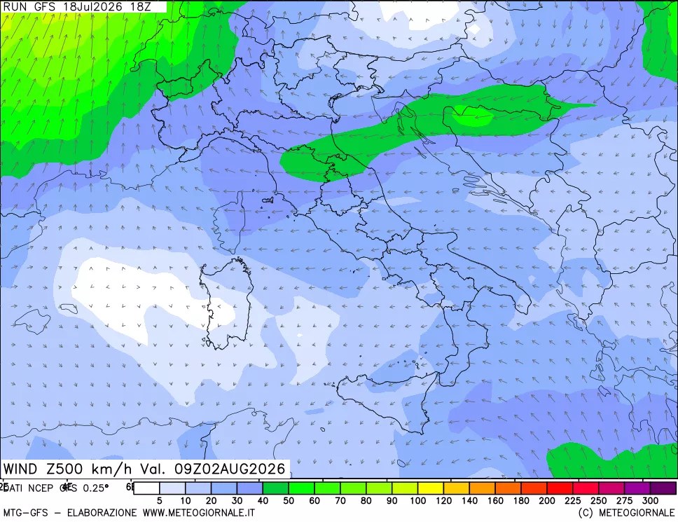 mappa 500 hPa Vento forza e direzione