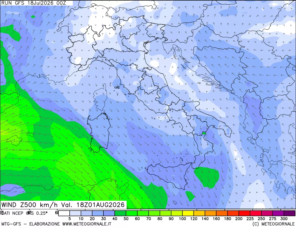 mappa 500 hPa Vento forza e direzione
