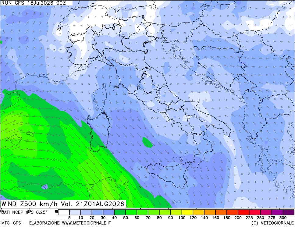 mappa 500 hPa Vento forza e direzione