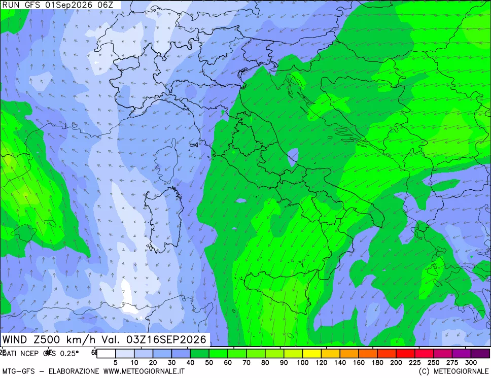 mappa 500 hPa Vento forza e direzione