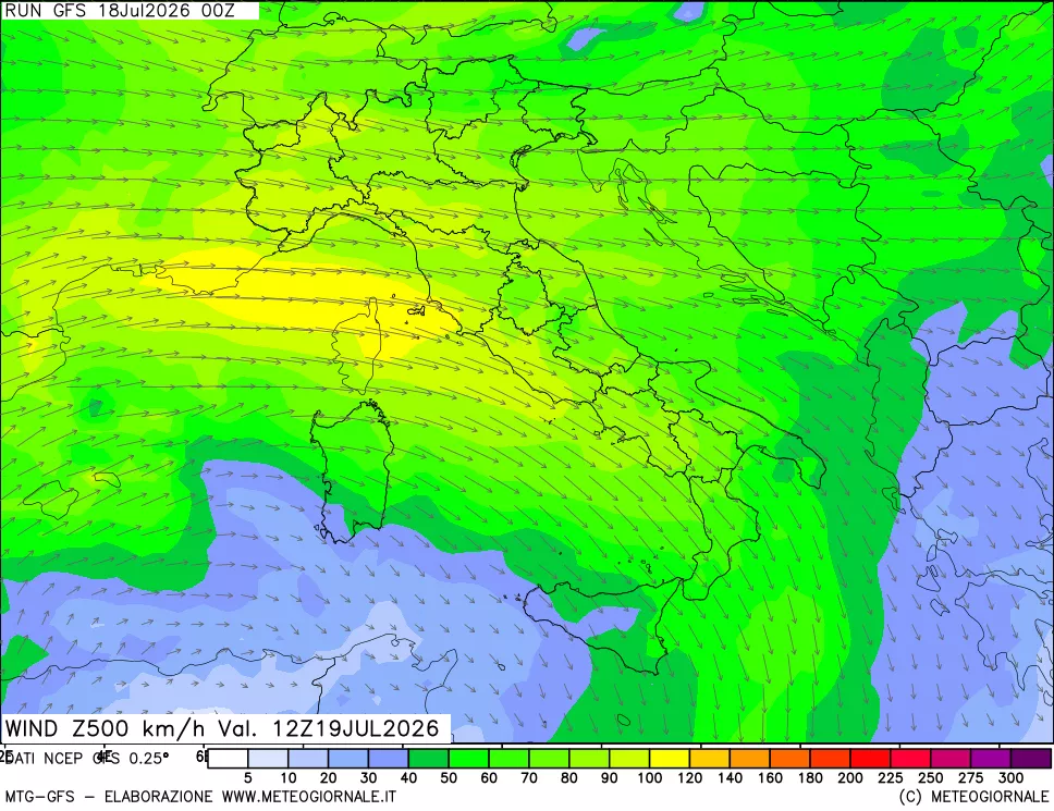 mappa 500 hPa Vento forza e direzione