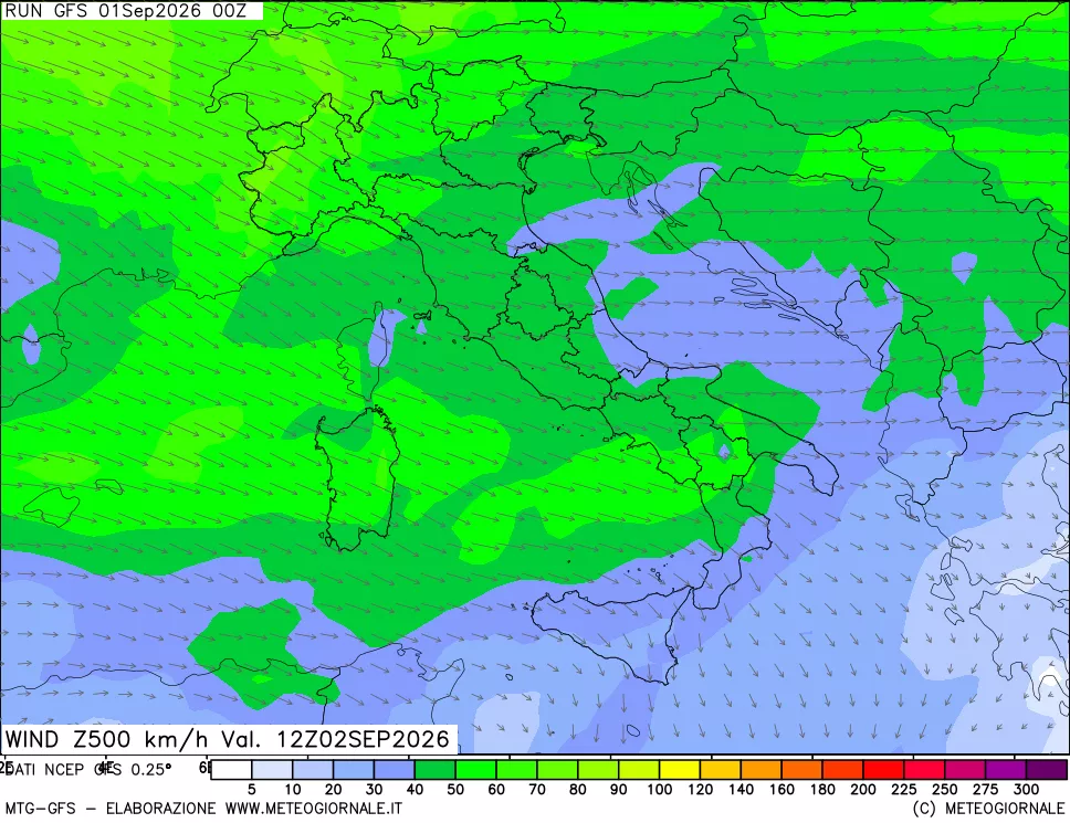 mappa 500 hPa Vento forza e direzione