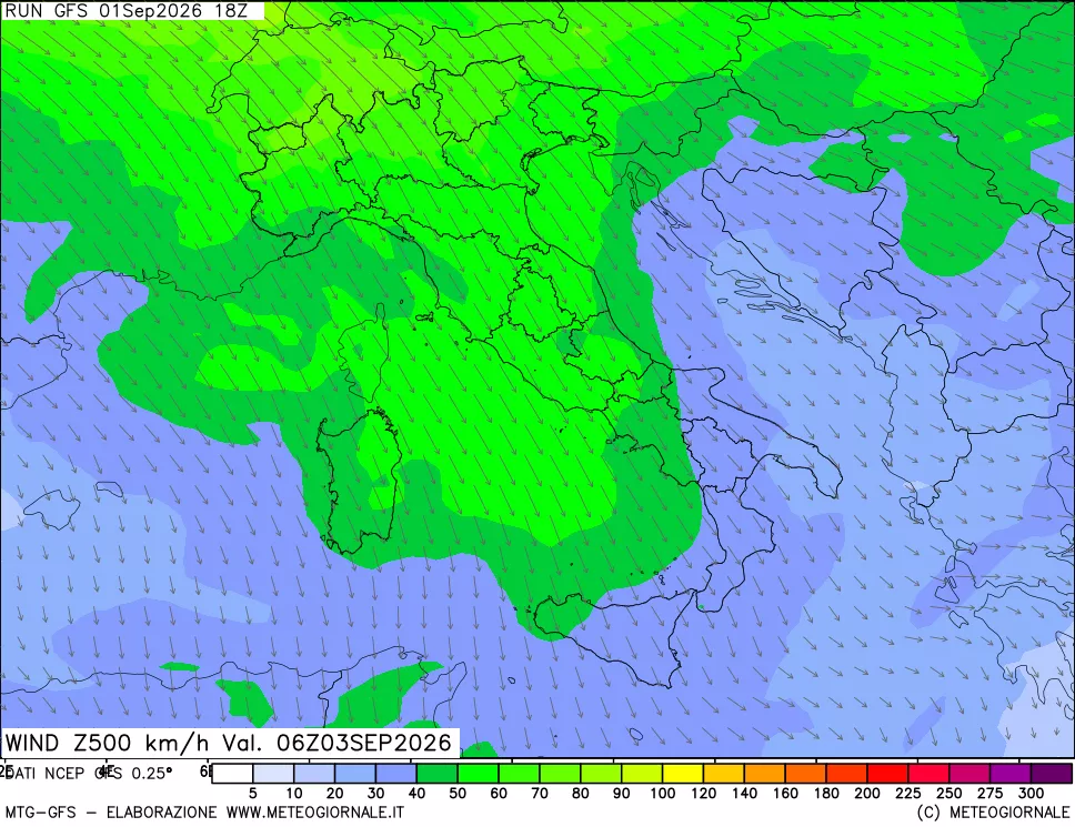 mappa 500 hPa Vento forza e direzione