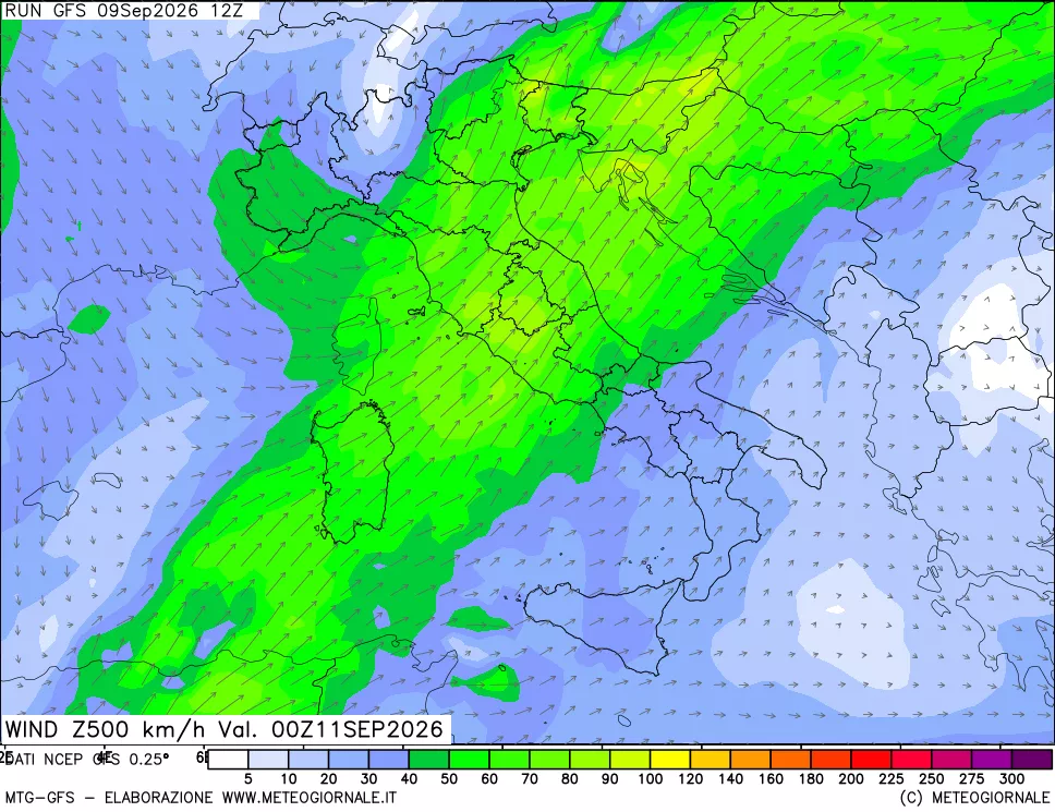 mappa 500 hPa Vento forza e direzione