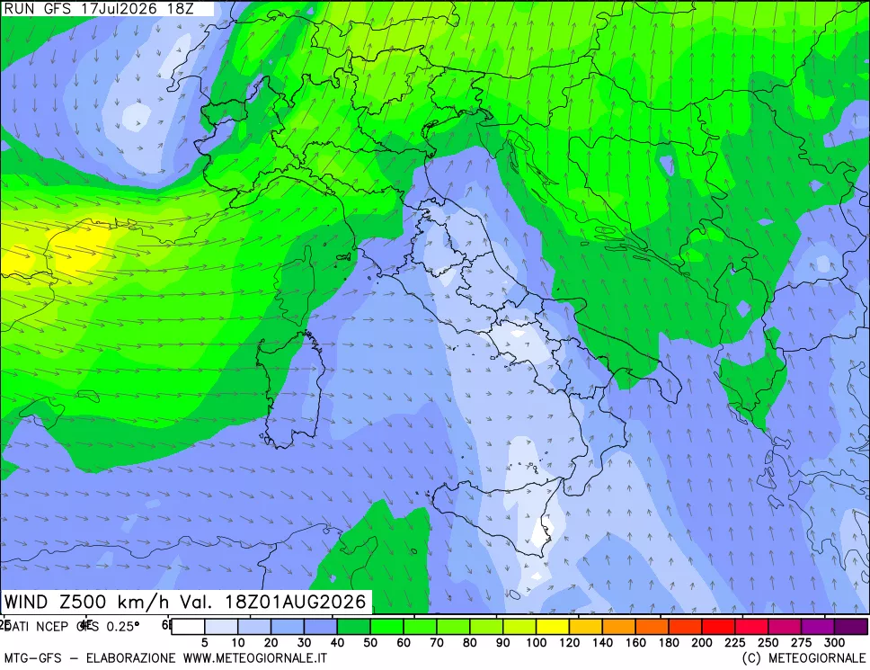 mappa 500 hPa Vento forza e direzione