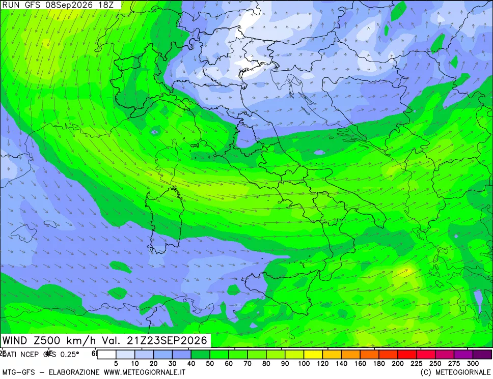 mappa 500 hPa Vento forza e direzione