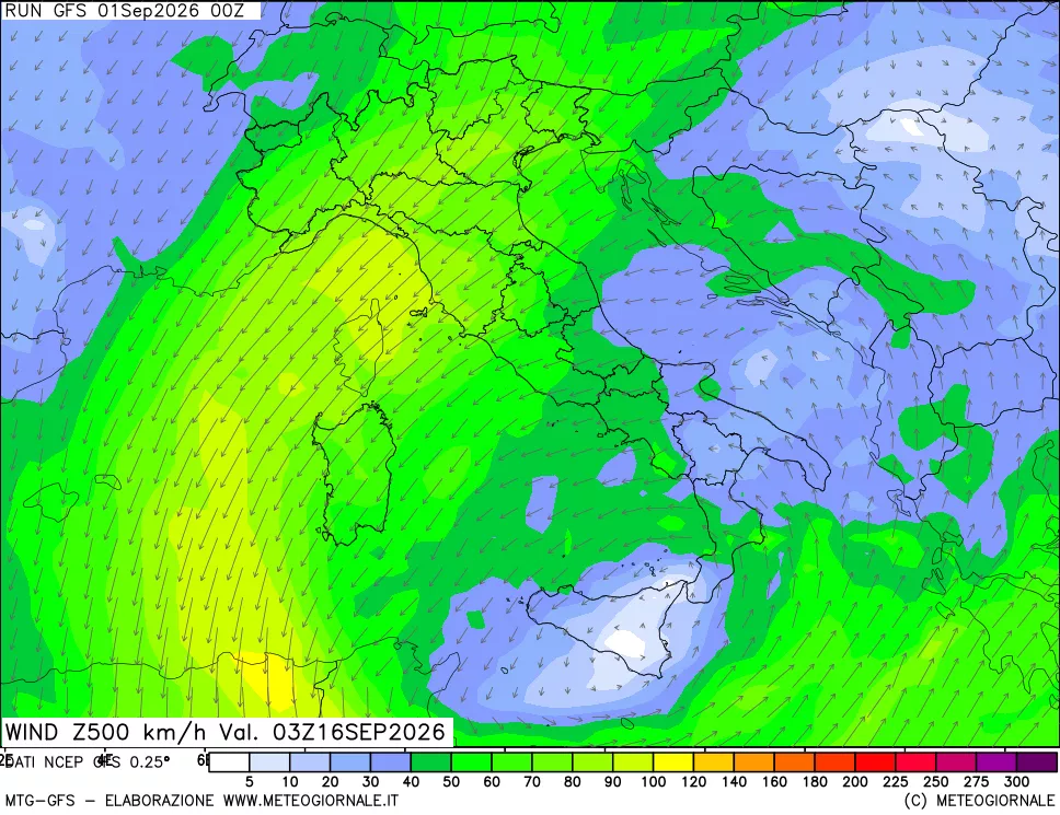 mappa 500 hPa Vento forza e direzione