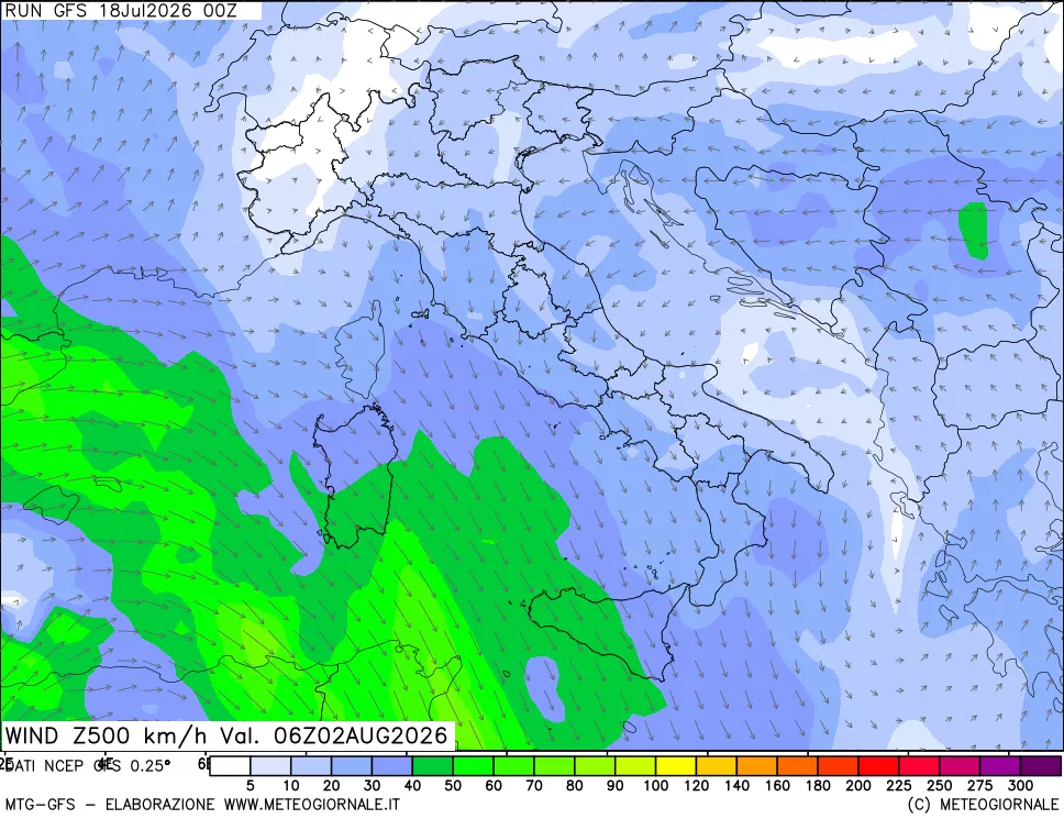 mappa 500 hPa Vento forza e direzione