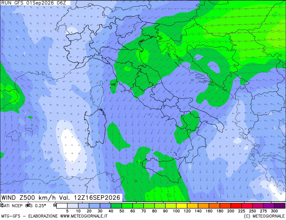 mappa 500 hPa Vento forza e direzione
