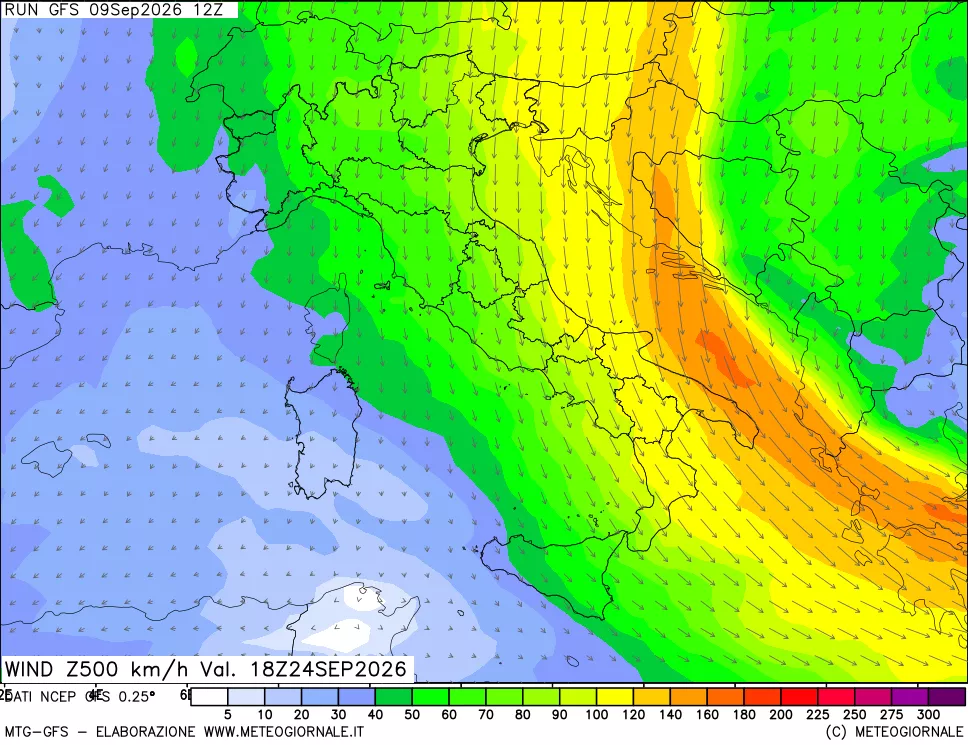mappa 500 hPa Vento forza e direzione
