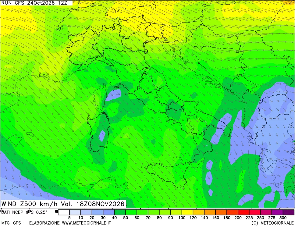 mappa 500 hPa Vento forza e direzione