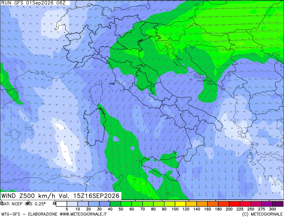 mappa 500 hPa Vento forza e direzione