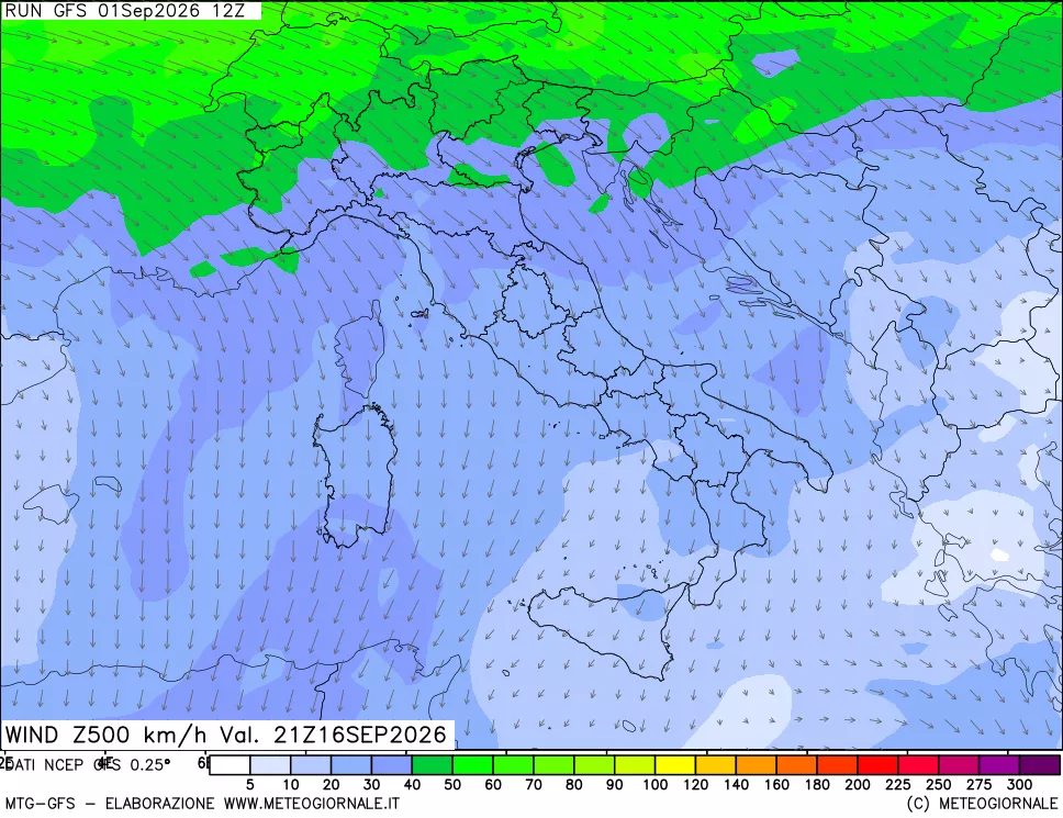 mappa 500 hPa Vento forza e direzione