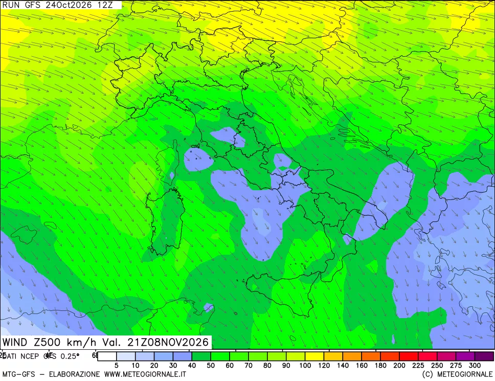 mappa 500 hPa Vento forza e direzione