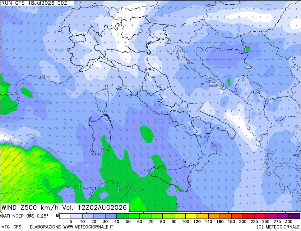 mappa 500 hPa Vento forza e direzione
