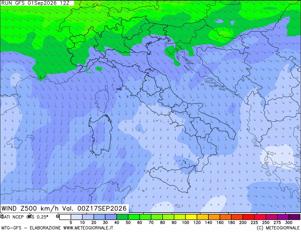 mappa 500 hPa Vento forza e direzione