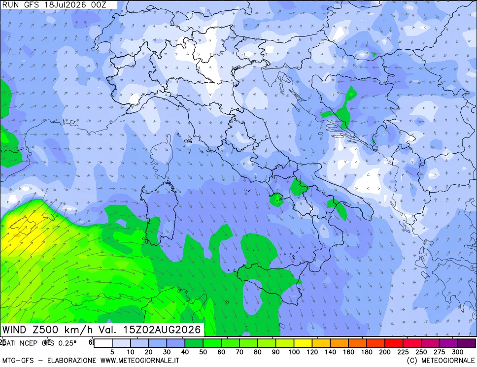 mappa 500 hPa Vento forza e direzione
