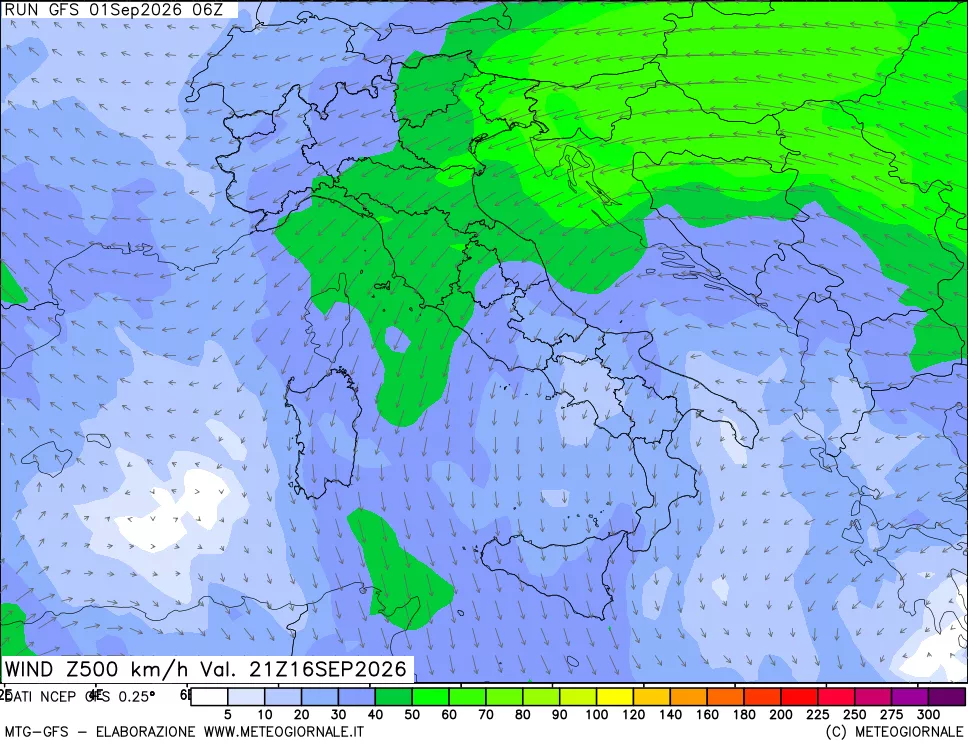 mappa 500 hPa Vento forza e direzione