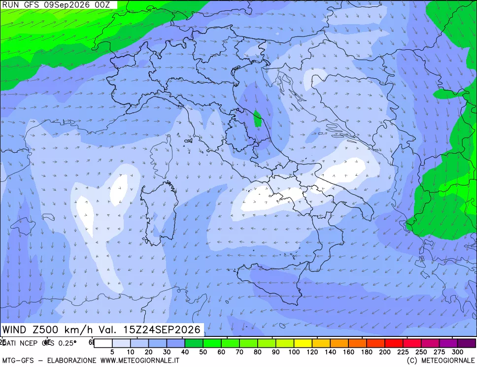 mappa 500 hPa Vento forza e direzione