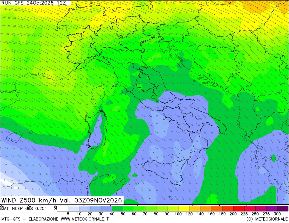 mappa 500 hPa Vento forza e direzione