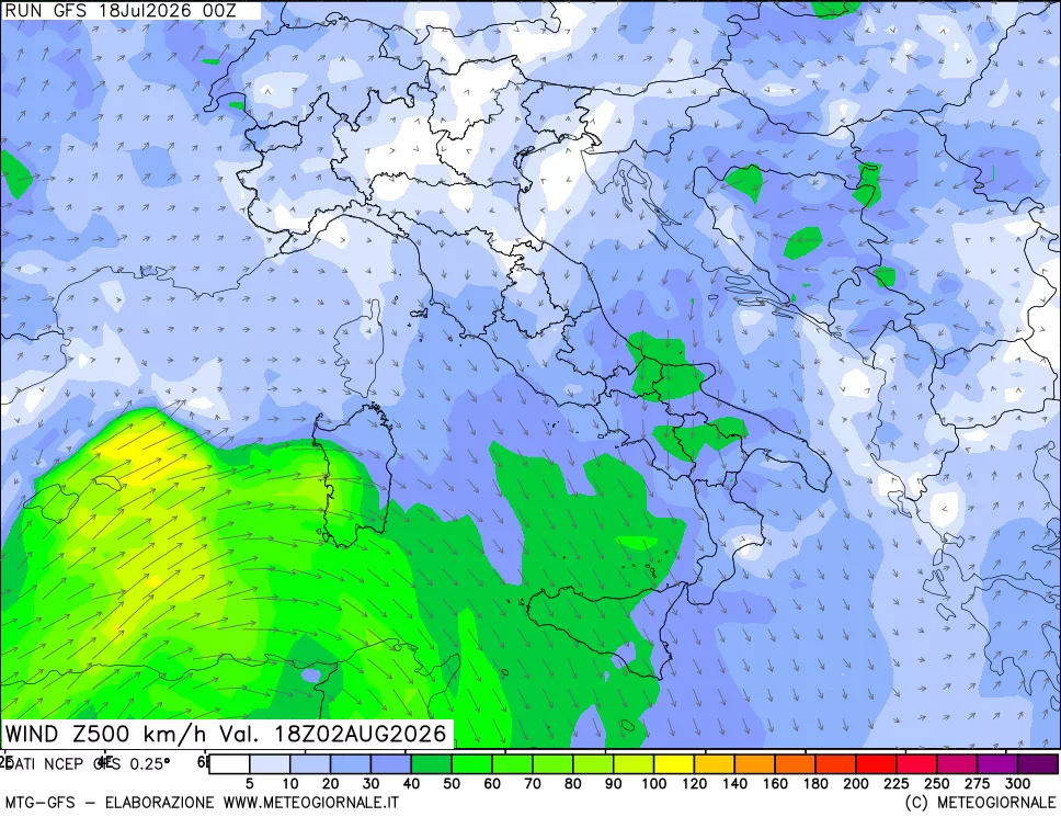mappa 500 hPa Vento forza e direzione