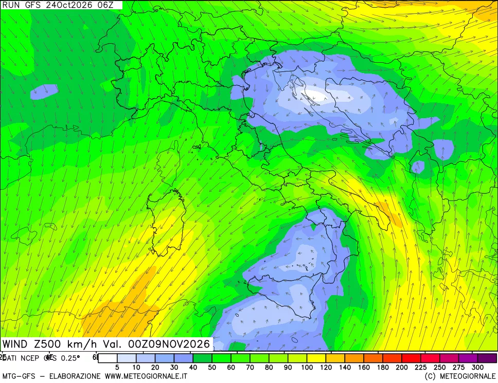 mappa 500 hPa Vento forza e direzione