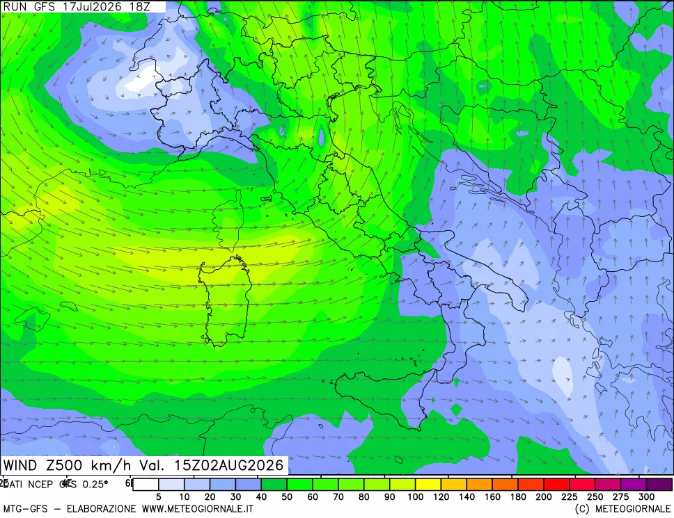 mappa 500 hPa Vento forza e direzione