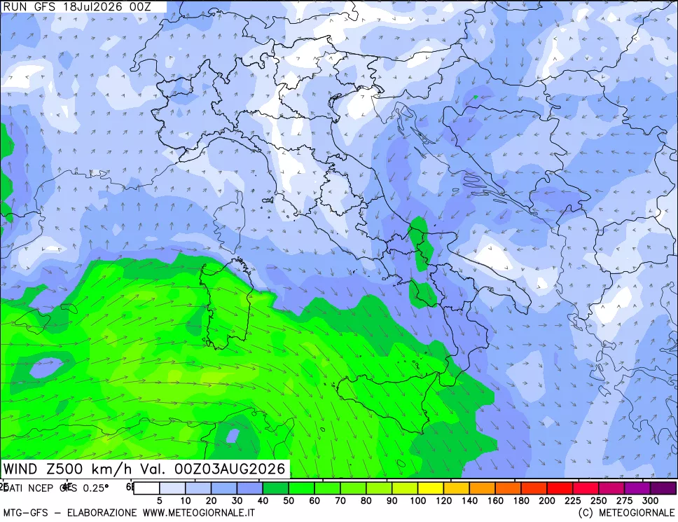 mappa 500 hPa Vento forza e direzione