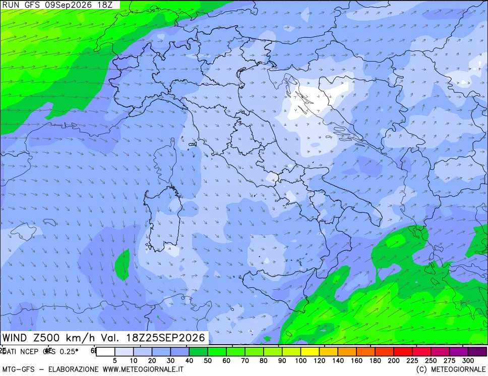 mappa 500 hPa Vento forza e direzione
