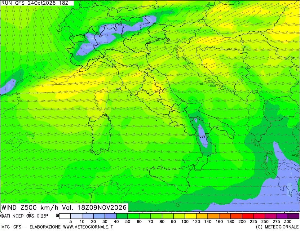 mappa 500 hPa Vento forza e direzione