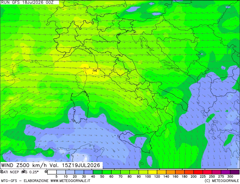 mappa 500 hPa Vento forza e direzione
