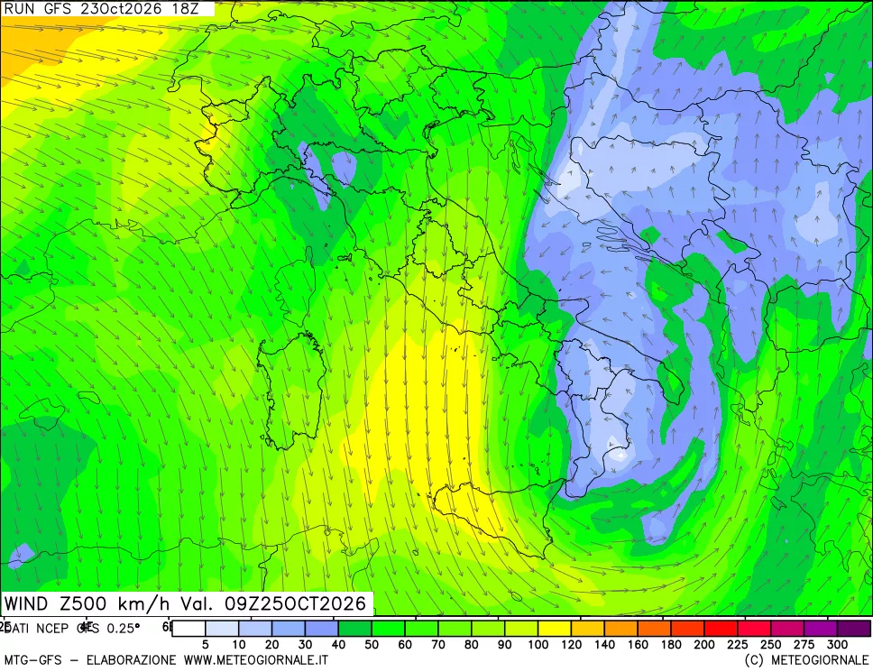 mappa 500 hPa Vento forza e direzione