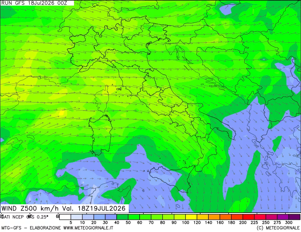 mappa 500 hPa Vento forza e direzione