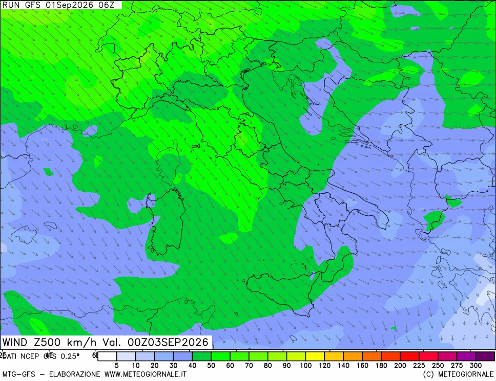 mappa 500 hPa Vento forza e direzione
