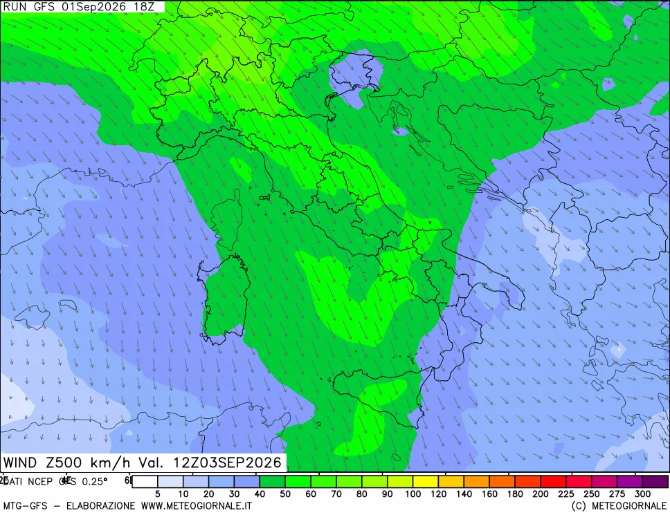 mappa 500 hPa Vento forza e direzione