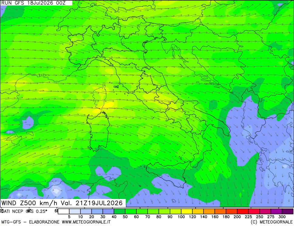 mappa 500 hPa Vento forza e direzione