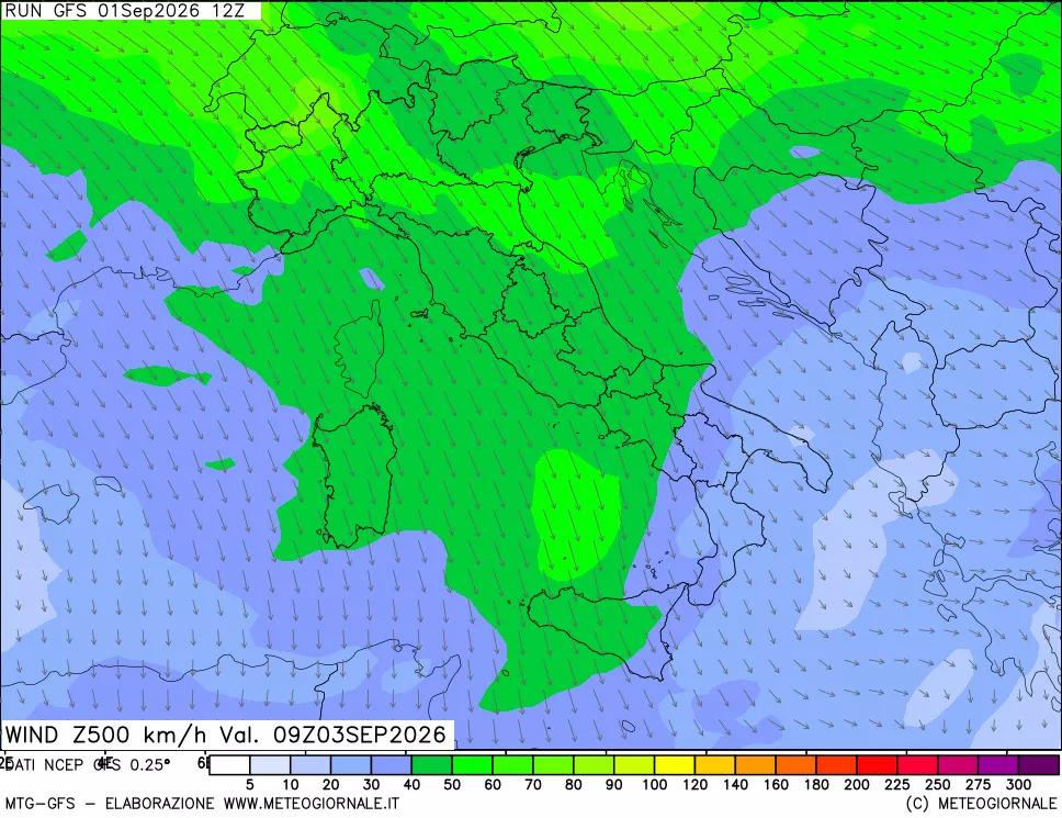 mappa 500 hPa Vento forza e direzione