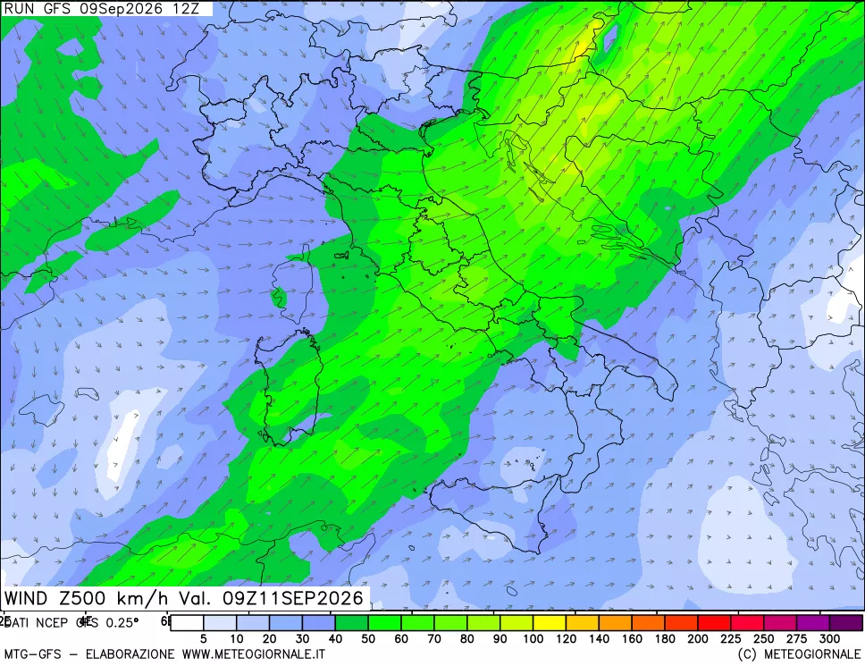 mappa 500 hPa Vento forza e direzione