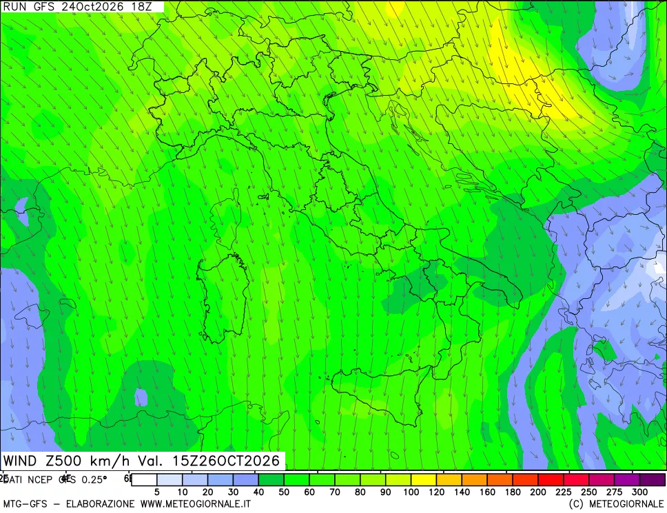 mappa 500 hPa Vento forza e direzione